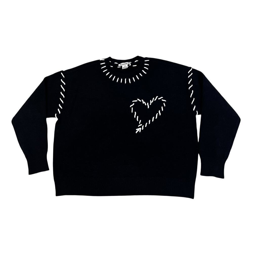 Nanette Lepore Sweater Womens Large Black Heart Graphic Crewneck Pullover